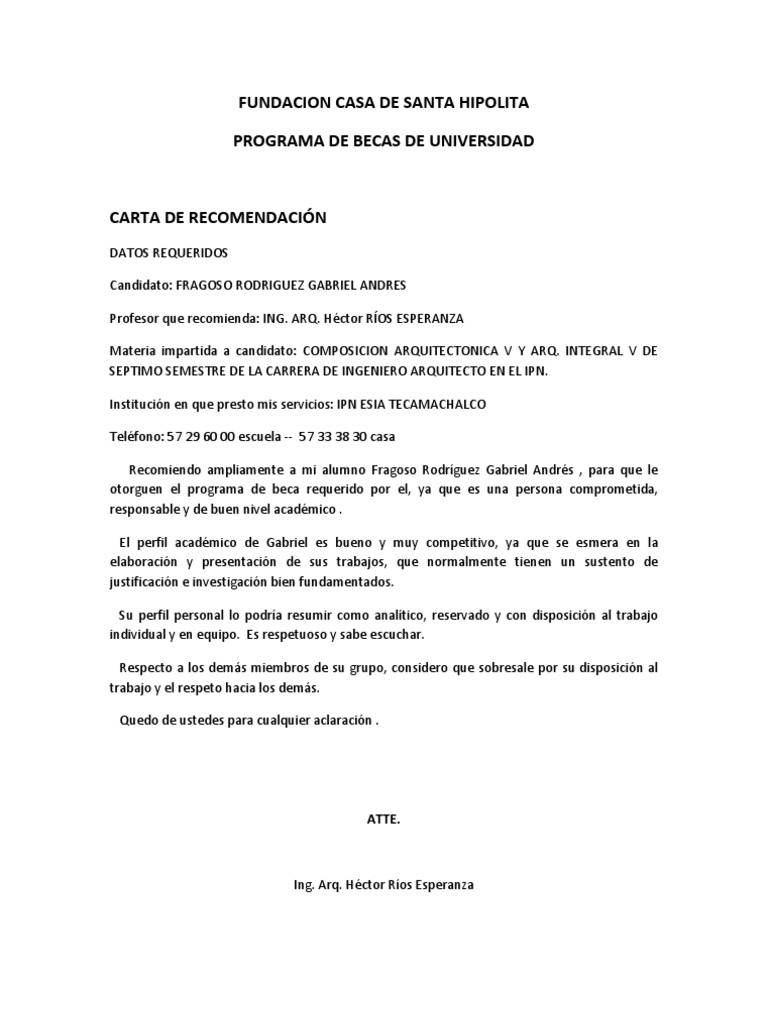 Formato Carta Recomendacion para Alumnos PDF Aprendizaje Escuelas