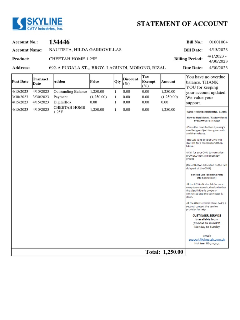 Statement of Account Account No. Bill No. Account Name Bill Date