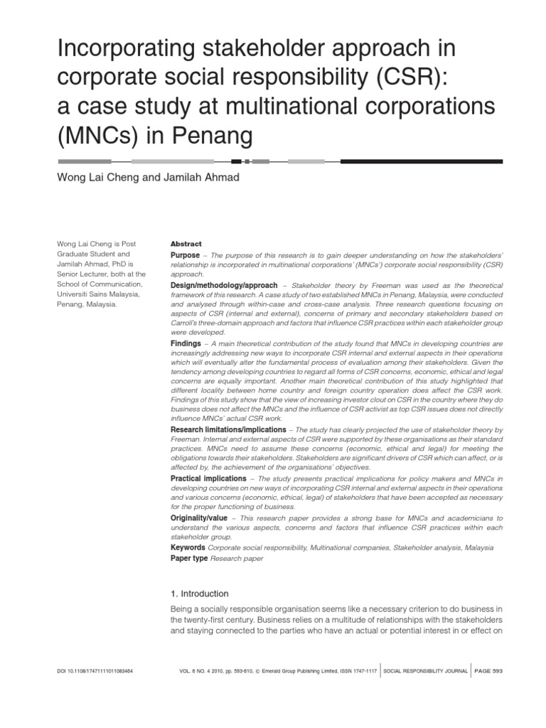 Stakeholder Approach in CSR for MNCs | PDF | Corporate Social ...
