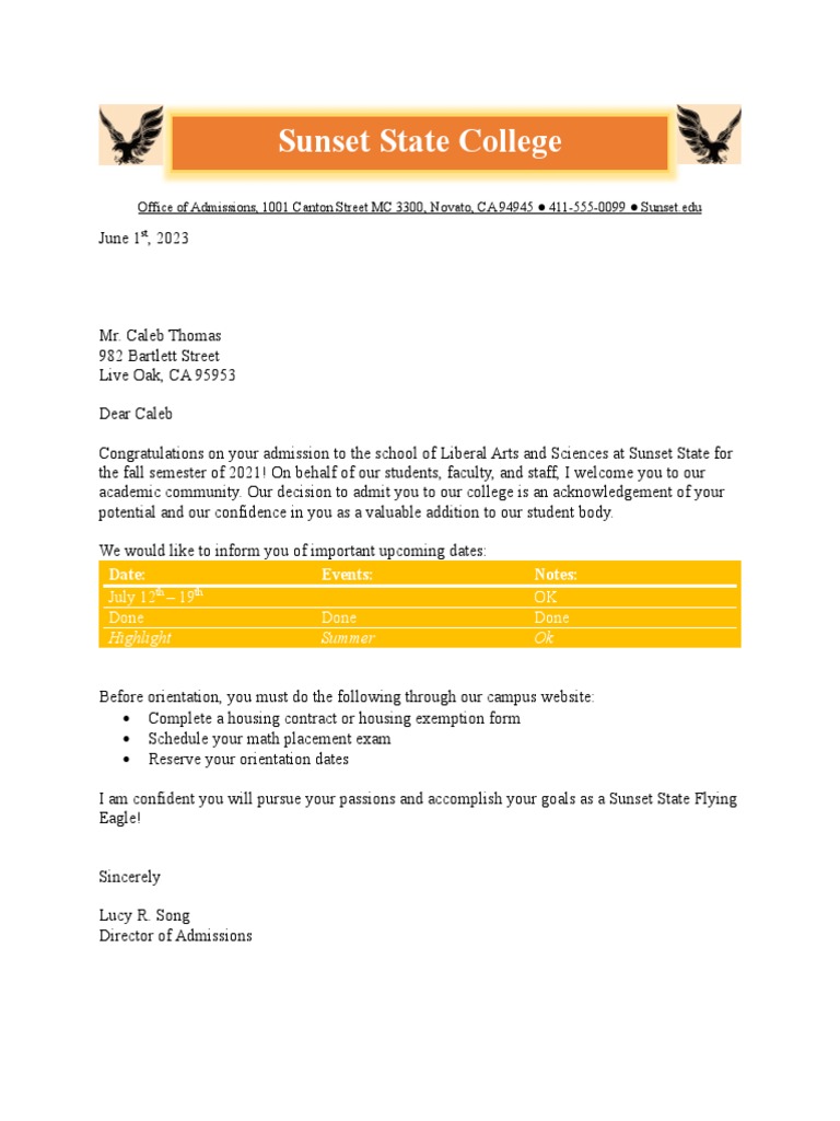 Admission Confirmation to Sunset State | PDF