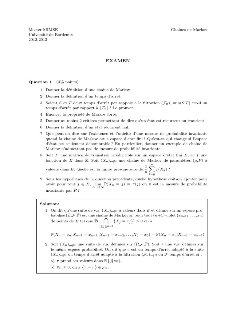 Examen sur les chaînes de Markov - MIMSE 2012-2013 | PDF | Chaîne de ...