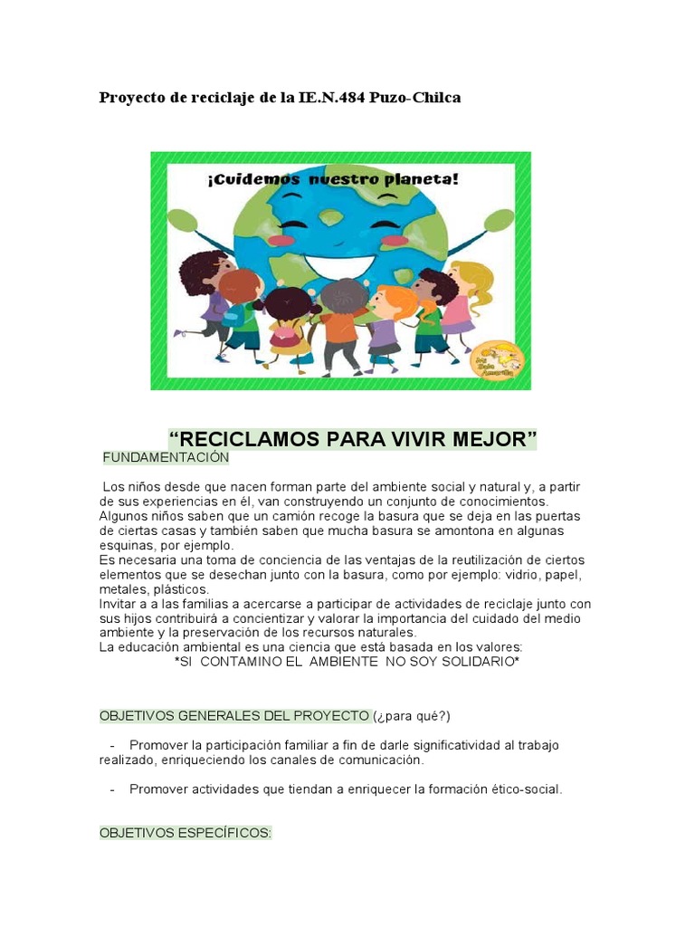 Proyecto de Reciclaje Infantil en IE.N.484 | PDF | Residuos | Reciclaje