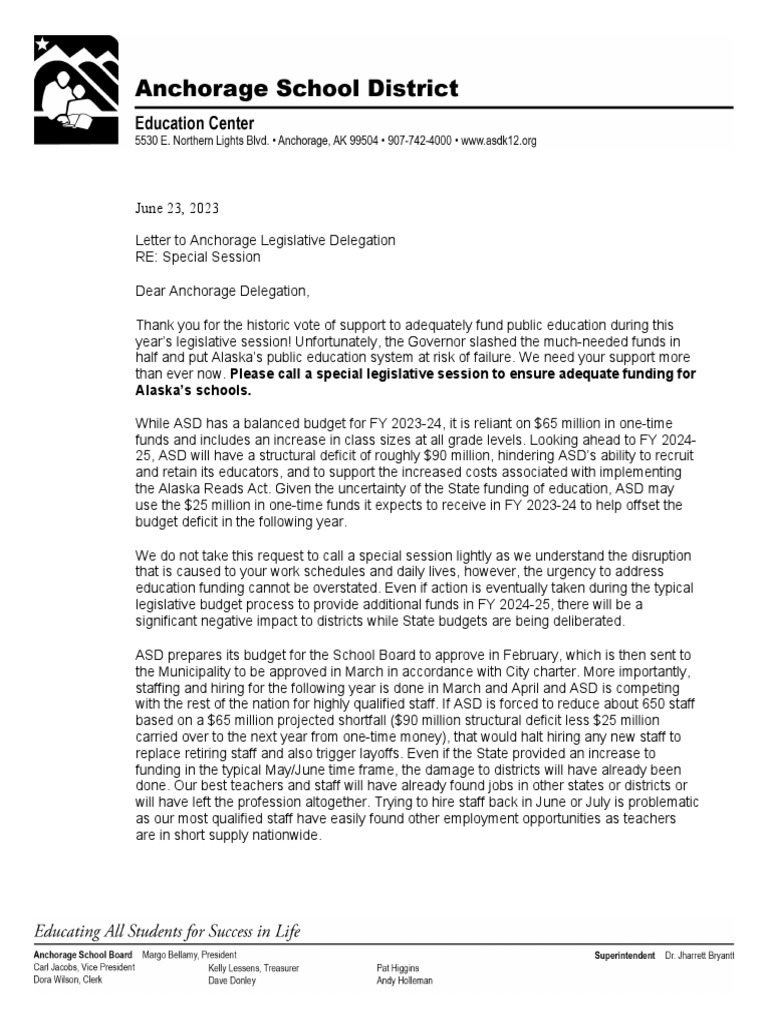 Letter To Anchorage Legislative Delegation From ASD | Download Free PDF ...