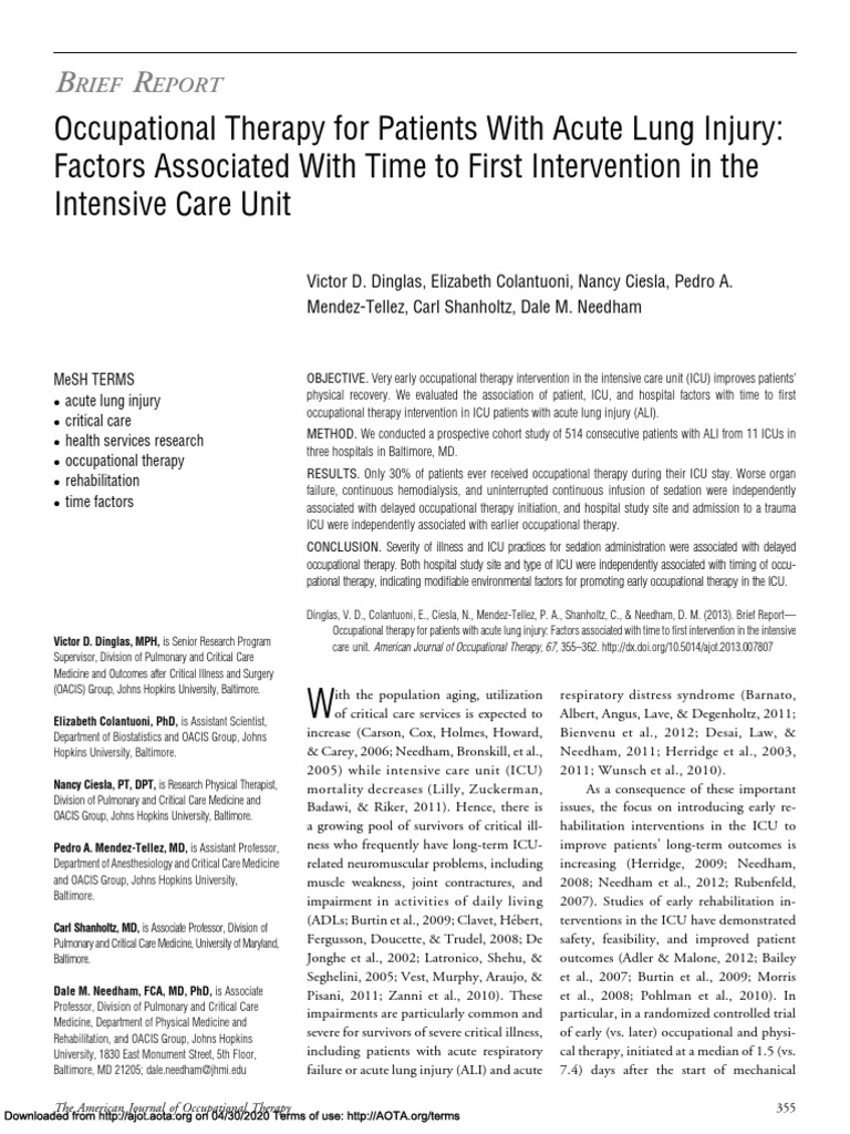 Occupational Therapy First Intervention in The Intensive Care Unit ...