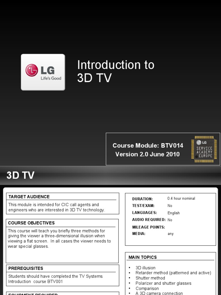 LG 3d TV Introduction Btv014 Ver2.0 PDF Stereoscopy Television