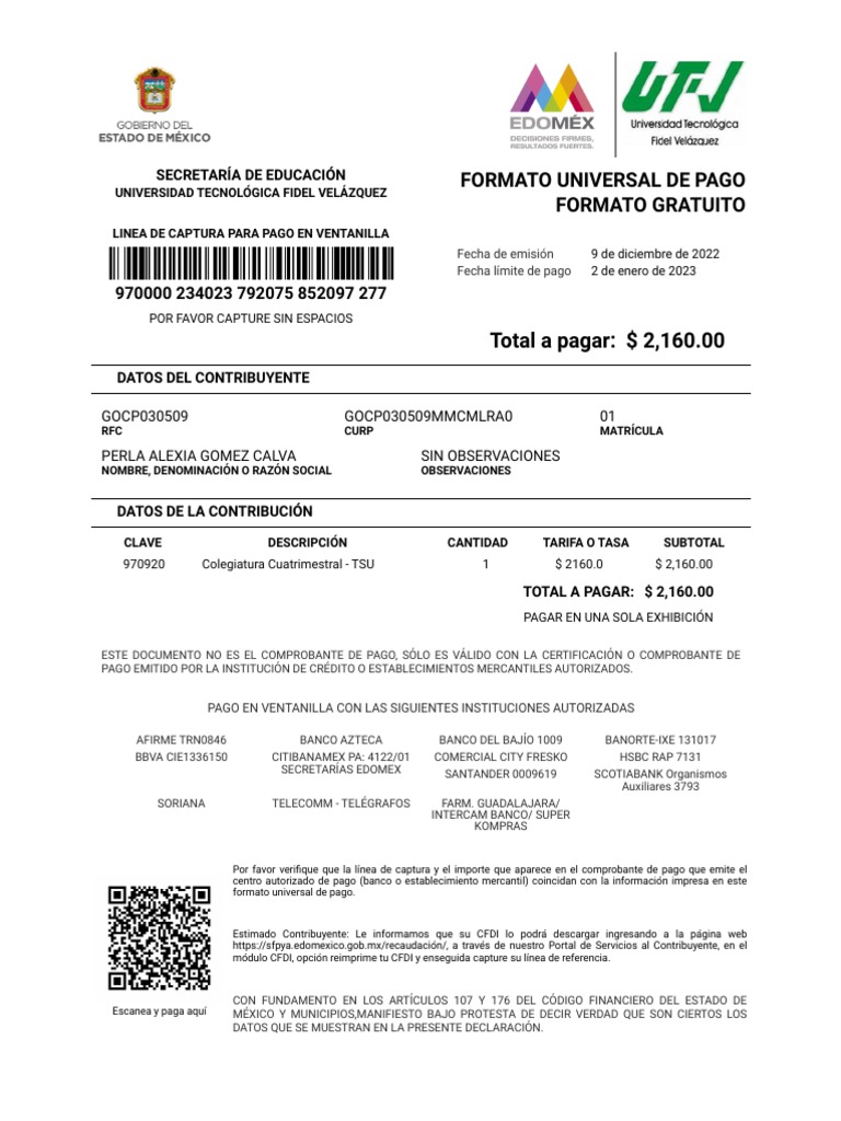 Formato de Pago Universitario 2023 | PDF | Bancos | Finanzas personales
