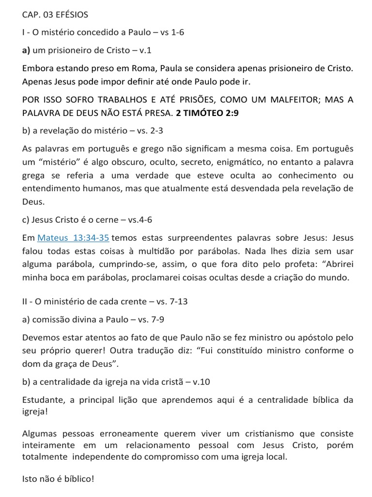 CARTA DE PAULO AOS EFÉSIOS cap 03 professor PDF Jesus Oração