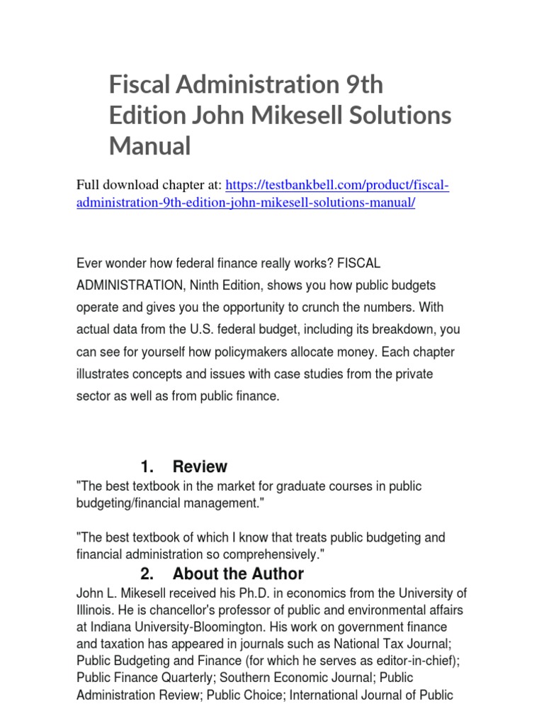 Fiscal Administration 9th Edition John Mikesell Solutions Manual PDF