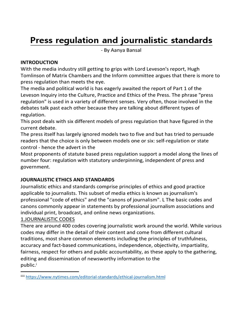Press Regulation and Journalistic Standards PDF Journalism