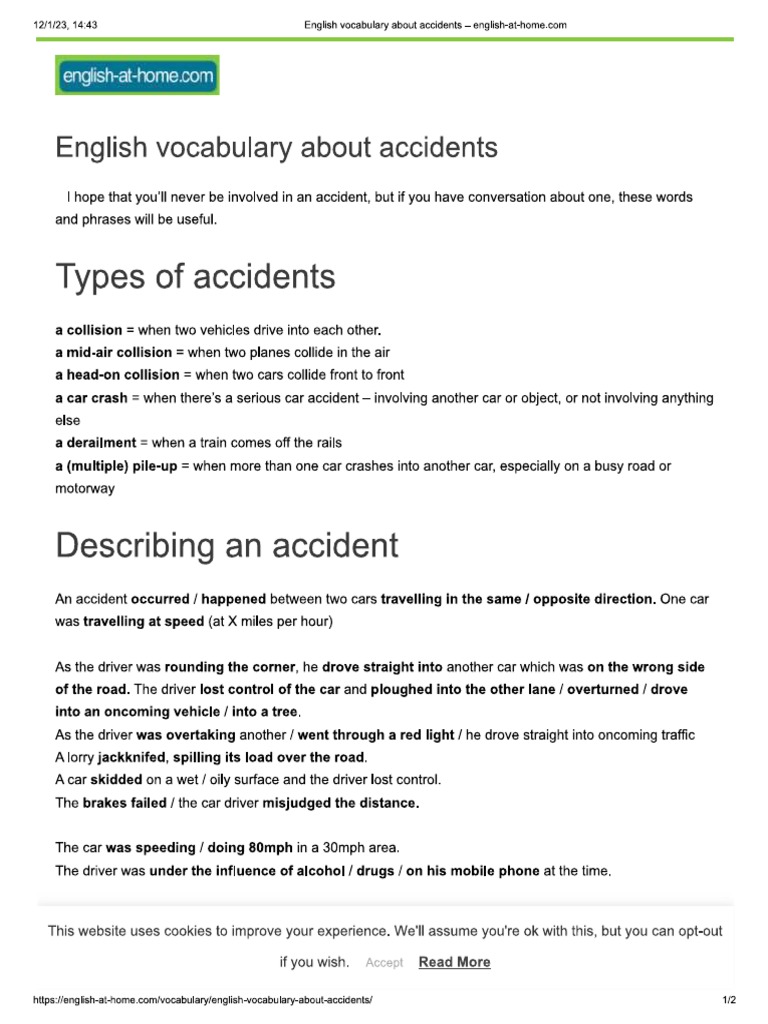 Car Accidents Vocabulary PDF