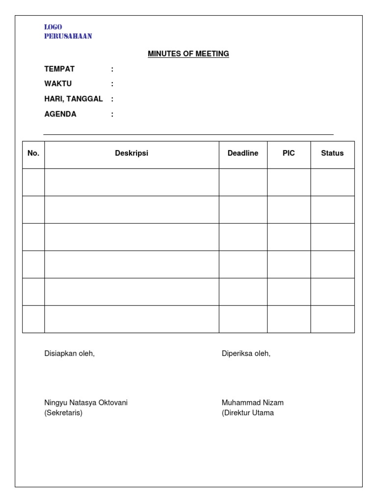 Contoh minutes of meeting untuk weekly meeting pdf