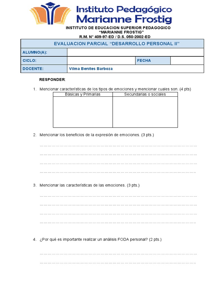Evaluación de Desarrollo Personal II | PDF | Crecimiento personal y ...