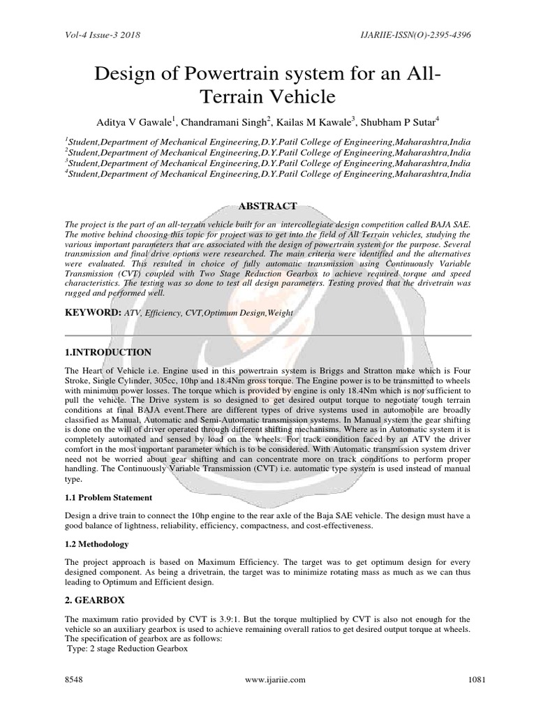 Design of Powertrain System For An All Terrain Vehicle Ijariie8548