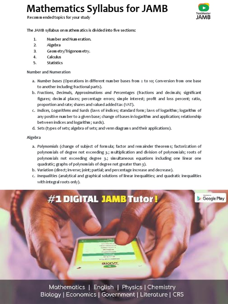 Mathematics syllabus for jamb with recommended topics for your study