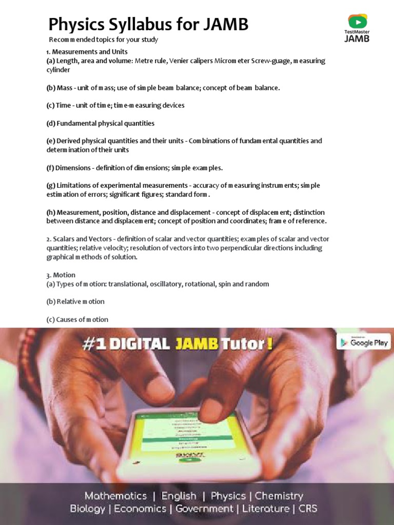 Physics Syllabus For JAMB With Topics For Your Study PDF