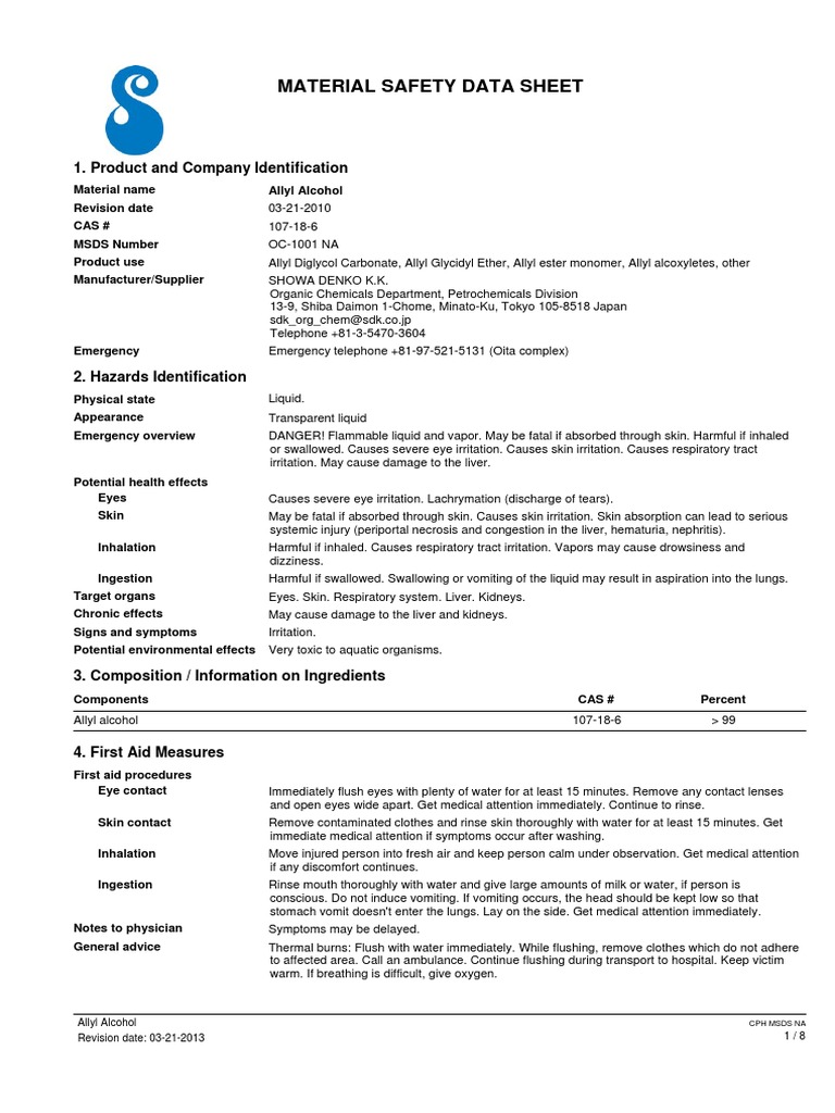 Allyl Alcohol MSDS PDF Firefighting Dangerous Goods