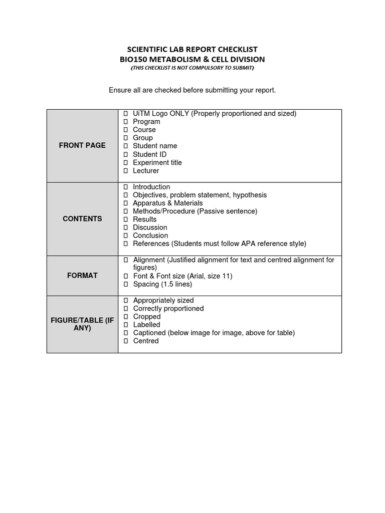 Scientific Lab Report Checklist Bio150 Metabolism & Cell Division | PDF