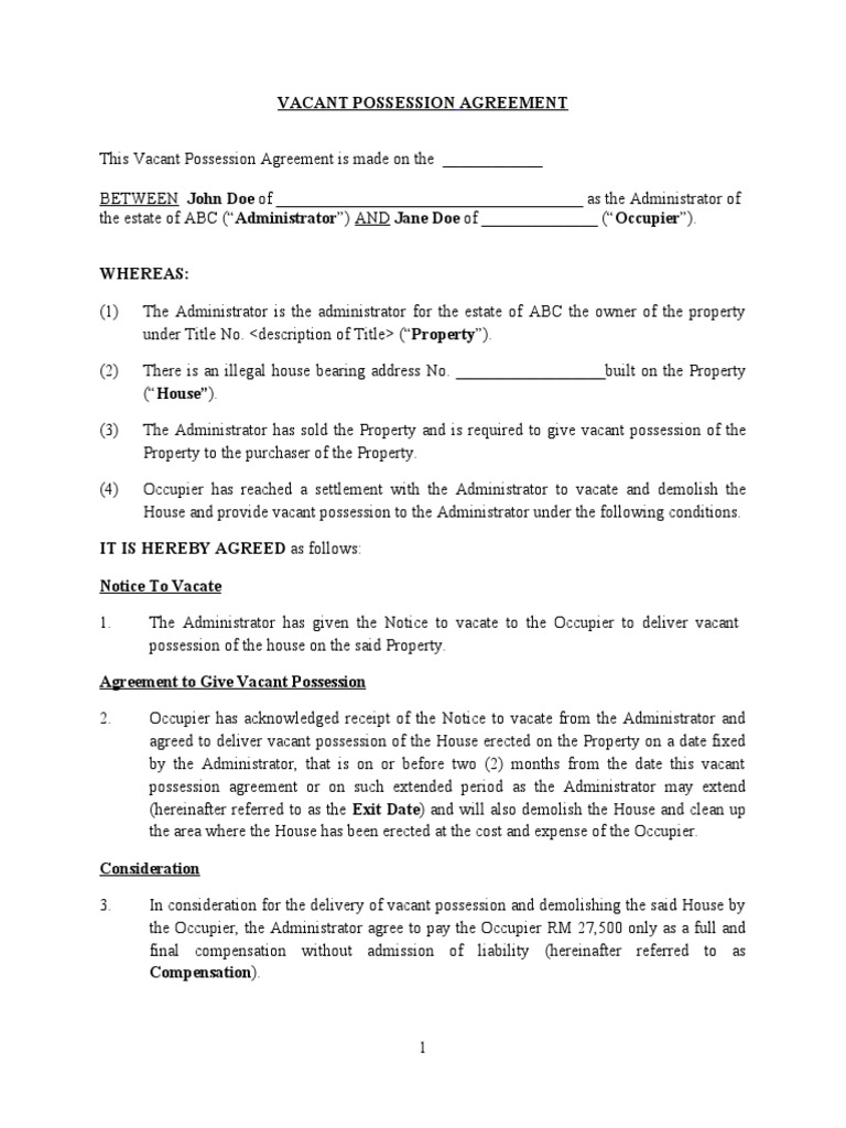 vacant-possession-agreement-download-free-pdf-indemnity-business-law
