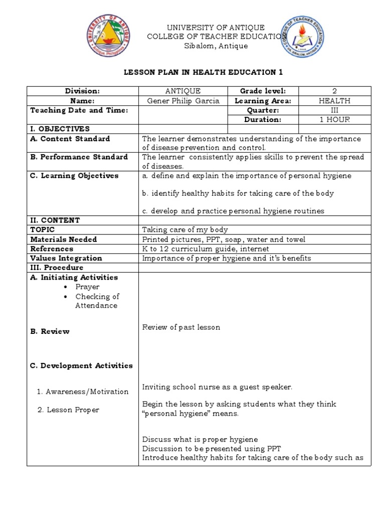 Personal Hygiene Lesson Plan for Grade 2 | PDF | Hygiene | Hand Washing