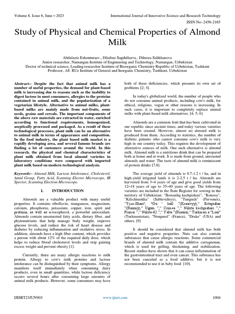 Study of Physical and Chemical Properties of Almond Milk PDF Fat Milk