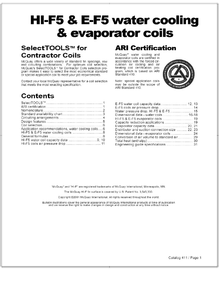 McQuay Water Cooling & Evaporator Coils Types HIF5 & EF5. Catalog PDF PDF