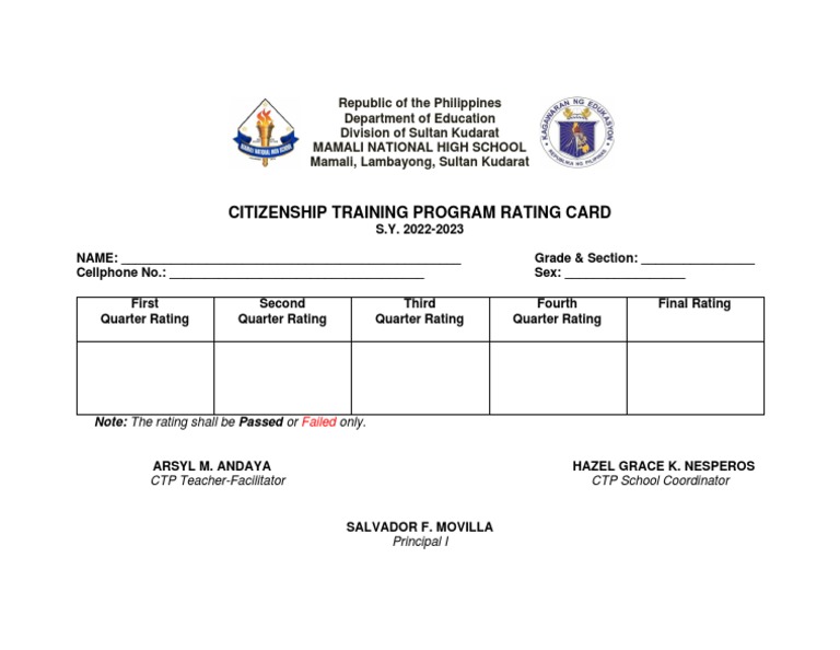 CTP Rating Card for Grade 10 Students | PDF