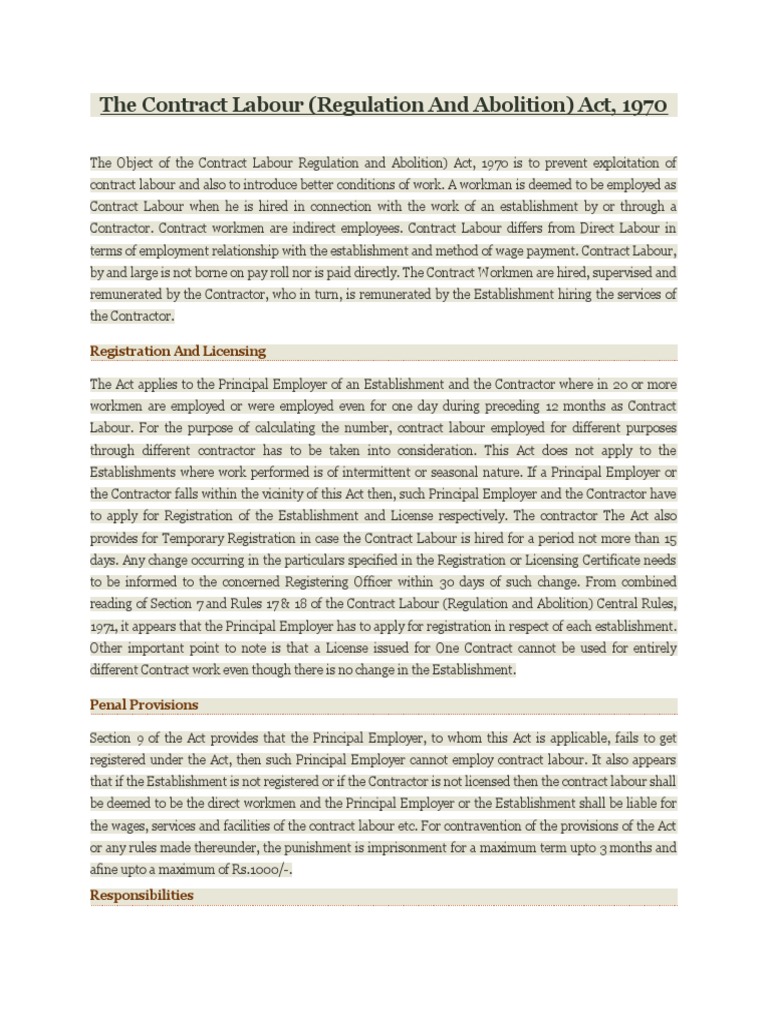 Contract Labour Act 1970 | Download Free PDF | Employment | Civil Law ...