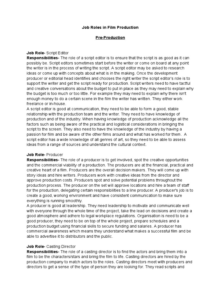 Job Roles in Film Production | PDF | Filmmaking | Film Director
