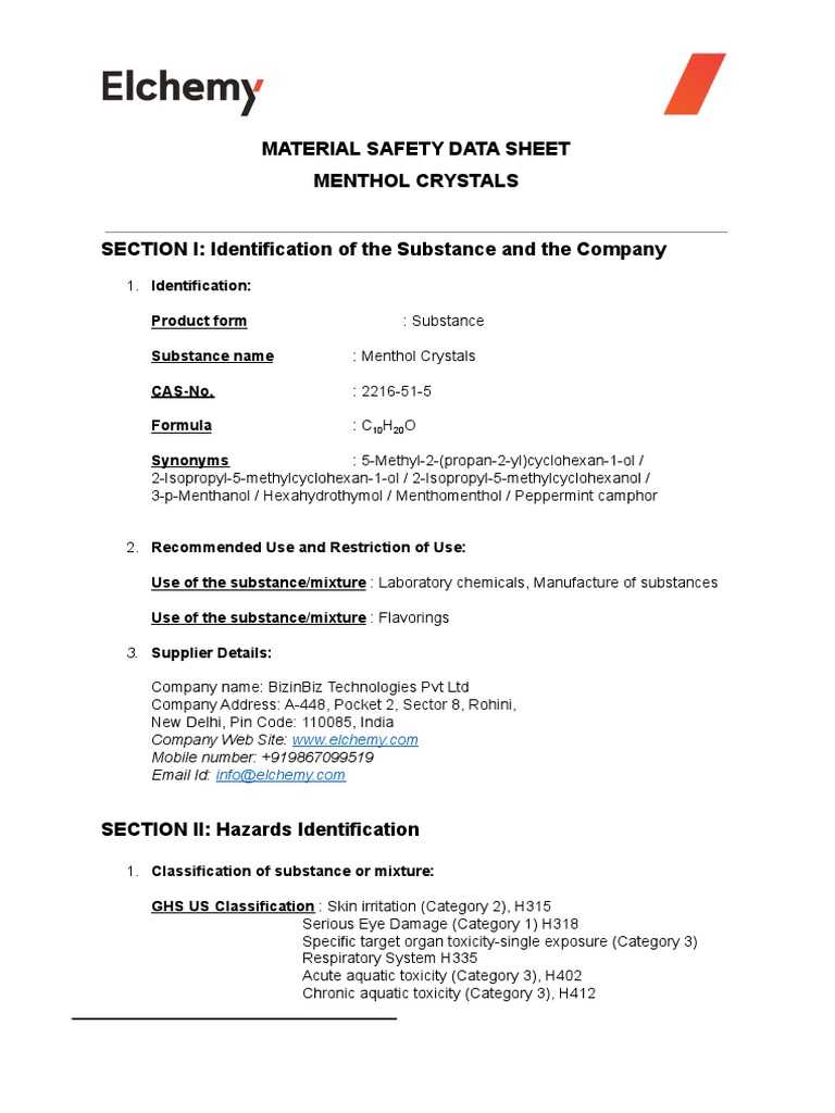 Menthol Crystals Safety Data Sheet | PDF | Waste | Toxicity
