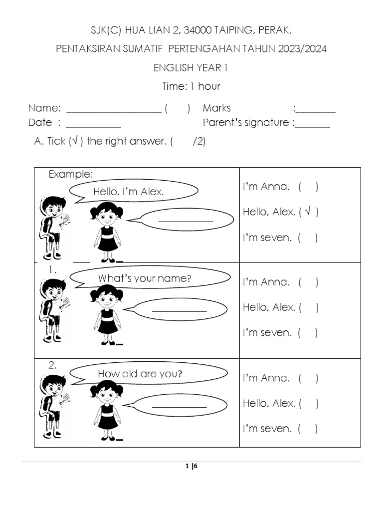 English Year 1 Examination Pdf