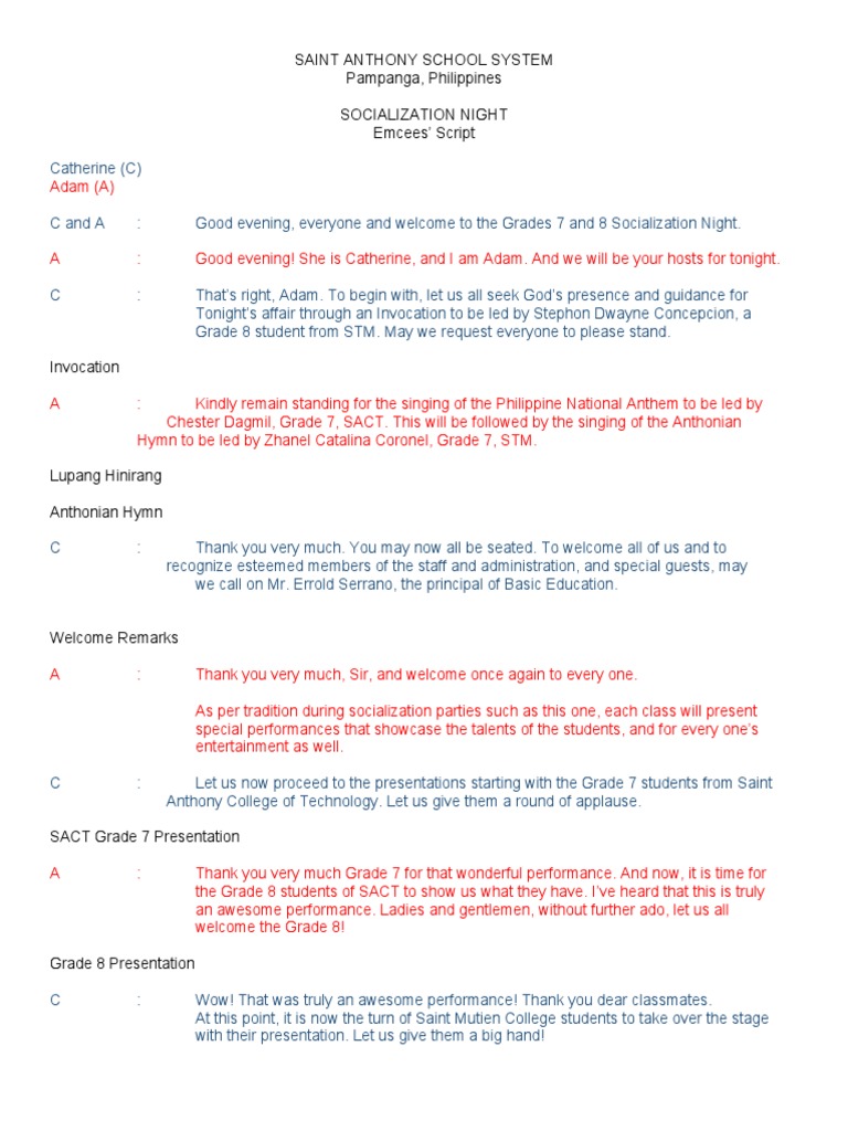 Socialization Night Emcee Script | PDF | Christian Worship And Liturgy