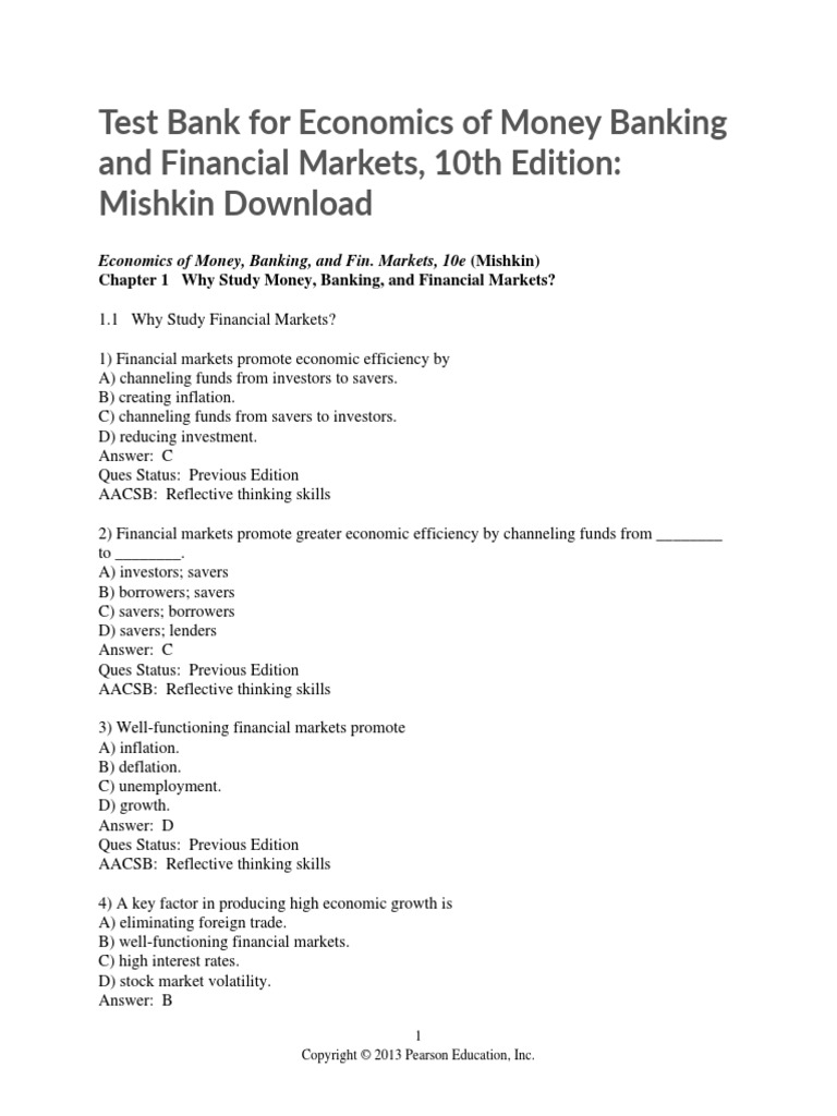 Test Bank For Economics of Money Banking and Financial Markets 10th