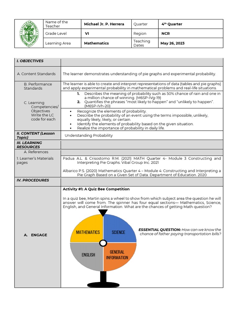 LSGH Lesson Plan in Mathematics VI Understanding Probability | PDF ...
