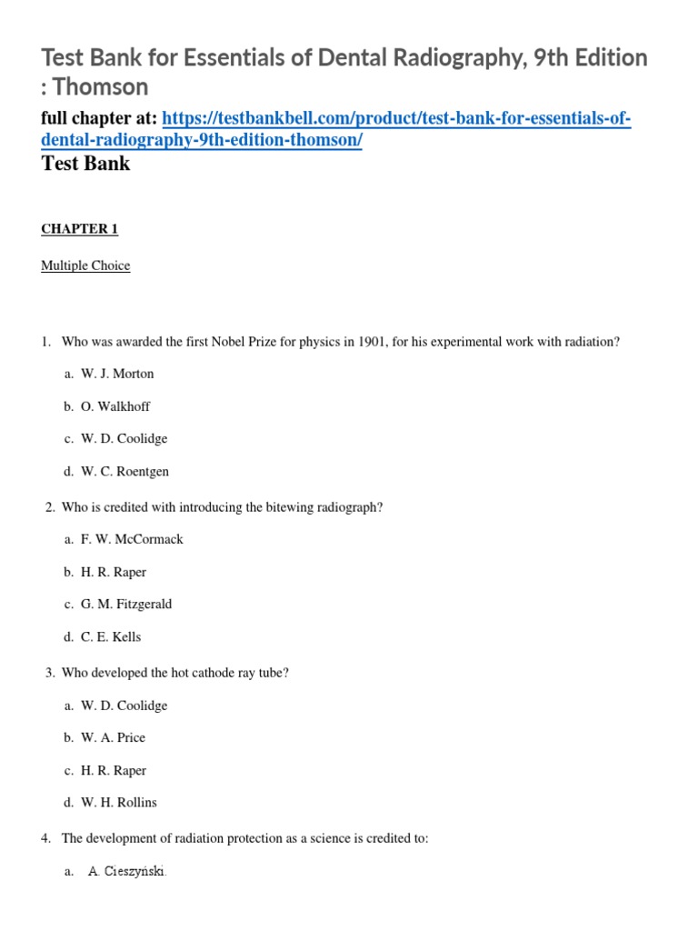 Test Bank For Essentials of Dental Radiography 9th Edition Thomson PDF Radiography X Ray