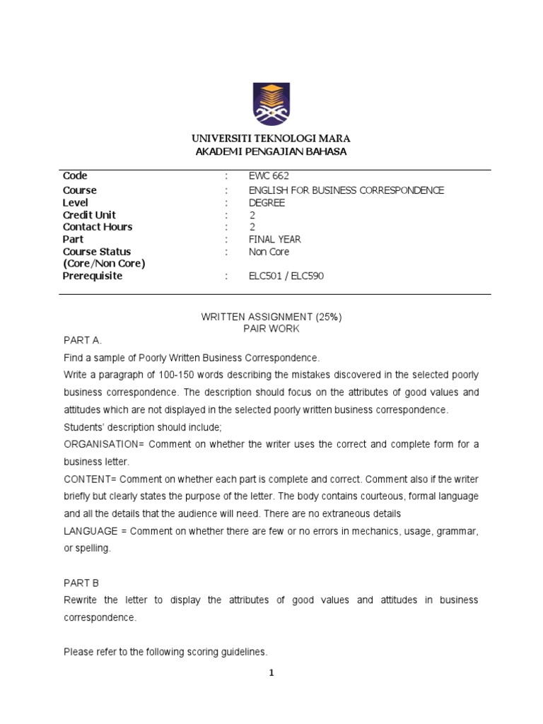 Business Correspondence Assignment Guide | PDF | Word | Grammar