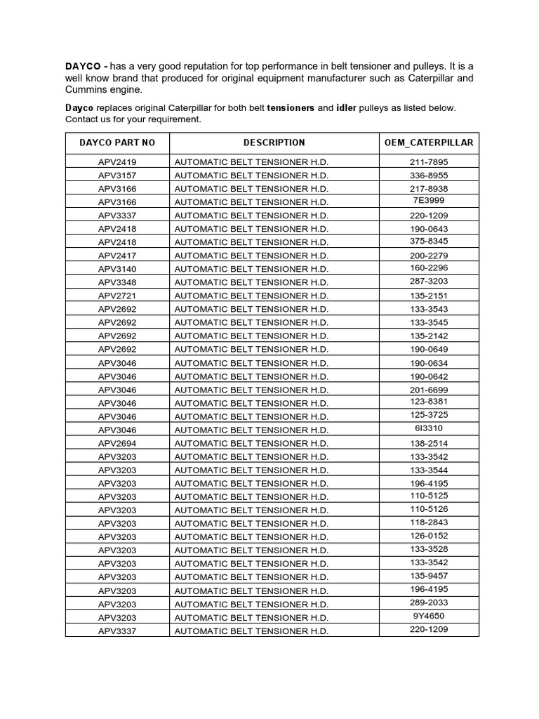 Dayco Belt Tensioner (Catepillar) PDF Belt (Mechanical