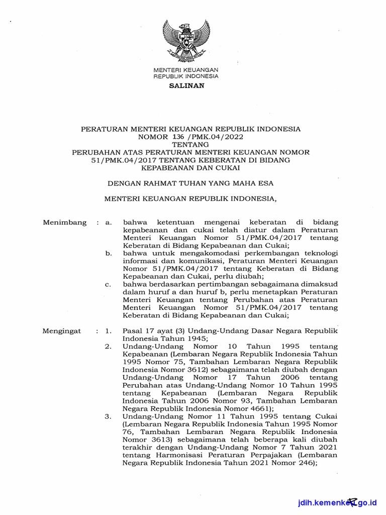 pmk-nomor-136-tahun-2022-perubahan-keberatan-kepabeanan-dan-cukai-pdf