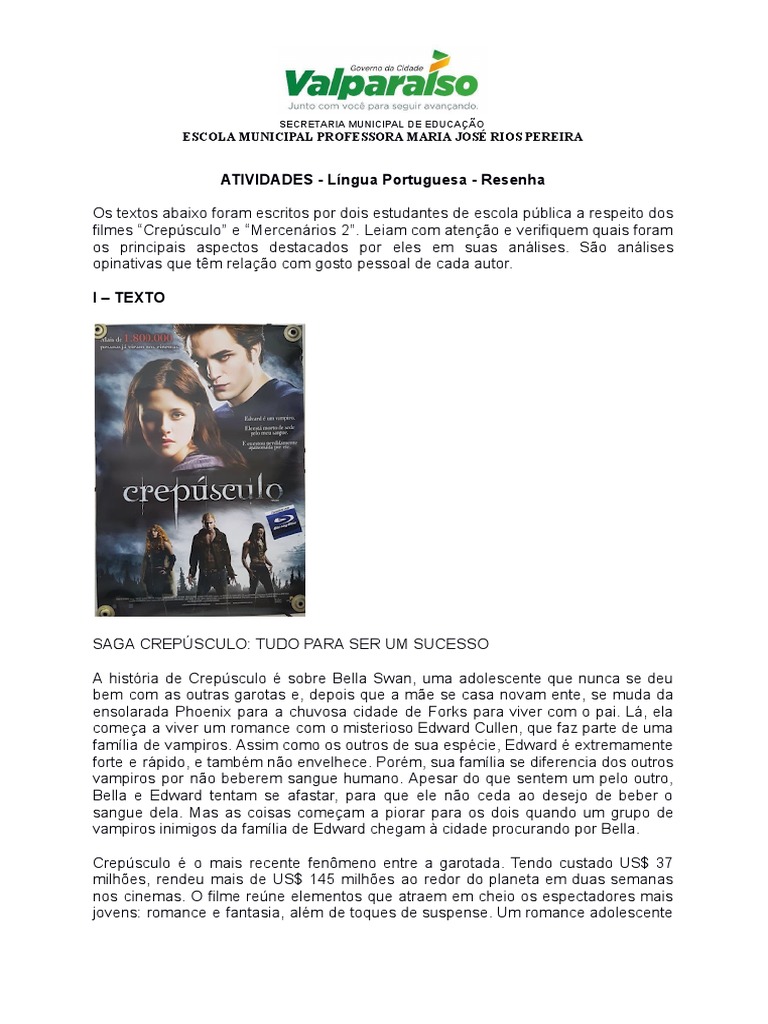 Atividades de Resenha Crítica de Filmes | PDF | Crepúsculo (série ...