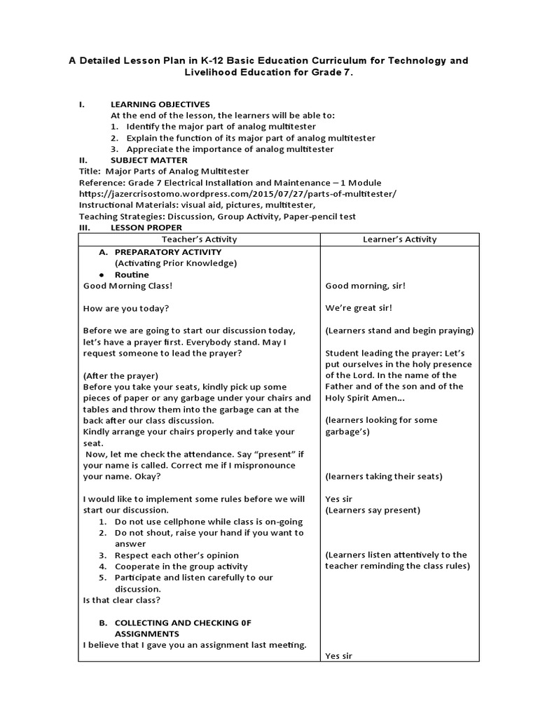 Detailed Lesson Plan For Part of An Analog Multitester | PDF ...
