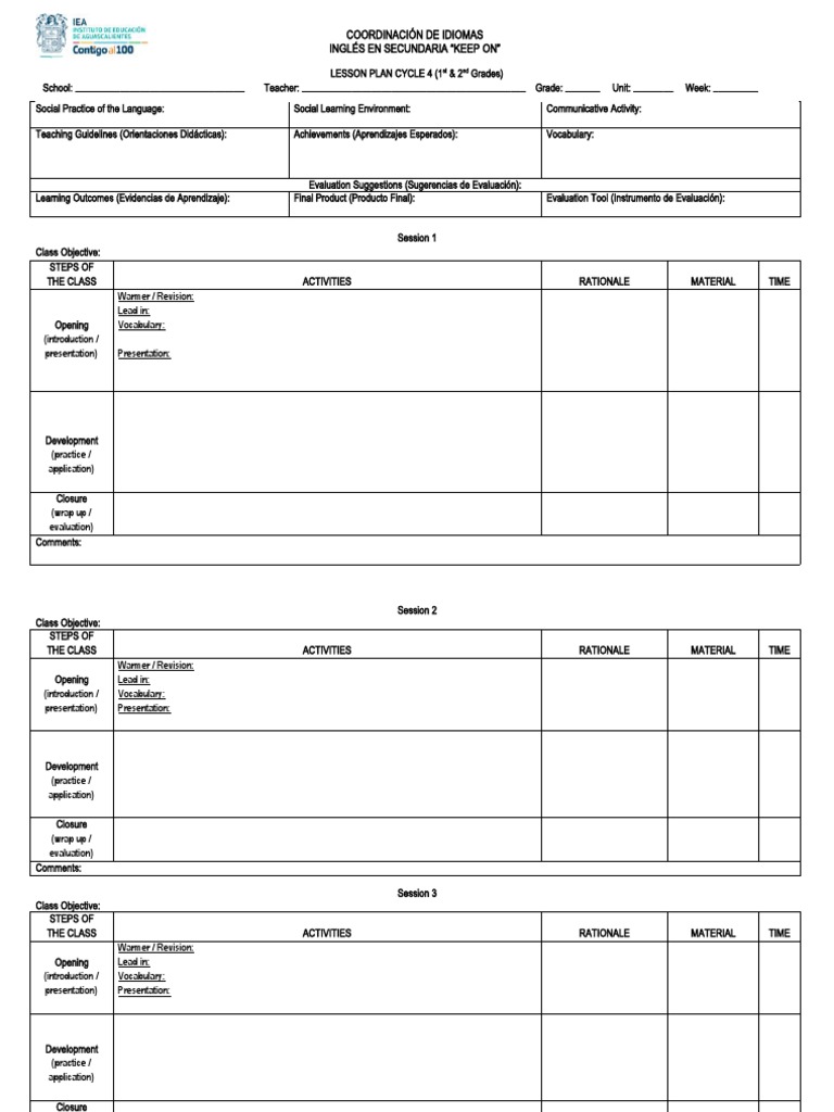 FORMATO LESSON PLAN 1°& 2° SECUNDARIA Ingles | PDF