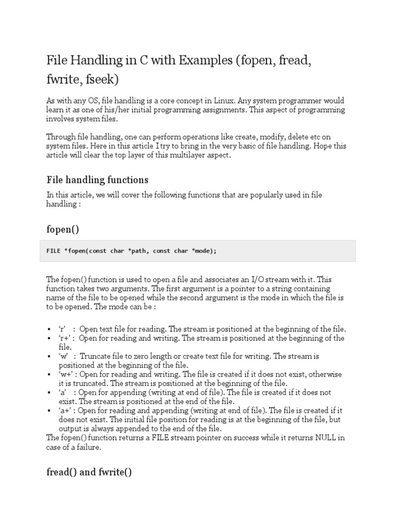 C File Handling: fopen, fread, fwrite, fseek | PDF | Pointer (Computer ...