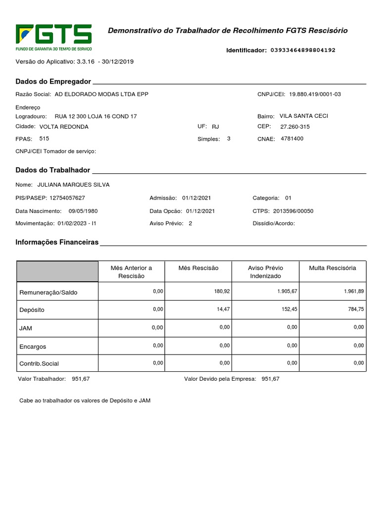 Demonstrativo FGTS Rescisório 2023 | PDF