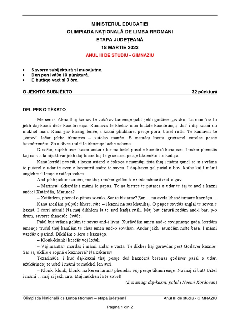 Olimpiada Judeteana Rromani 2023 Subiect An 3 GIMNAZIU PDF