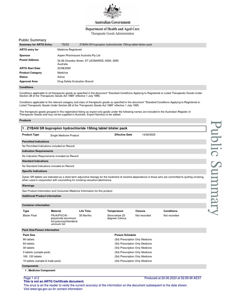 Public Summary 1 ZYBAN SR Bupropion Hydrochloride 150mg Tablet