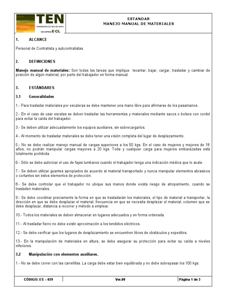 ES-29 Estándar Manejo Manual de Materiales | PDF | Máquina elevadora