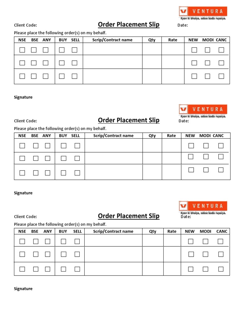 Order Placement Slip PDF