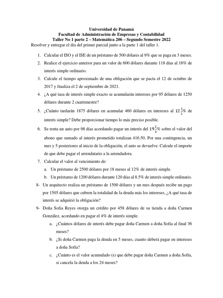 Taller de Matemáticas Financieras 2022 | PDF | Deuda | Interés
