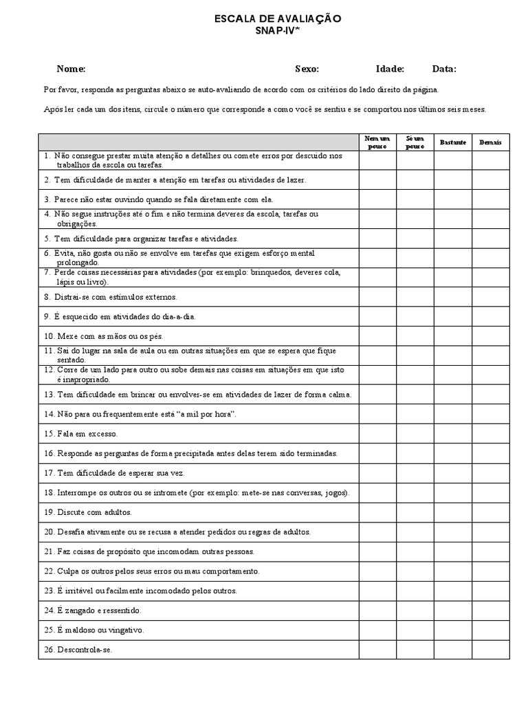 Escala Crianca e Adolescentes Snap IV | PDF | Transtorno de déficit de ...