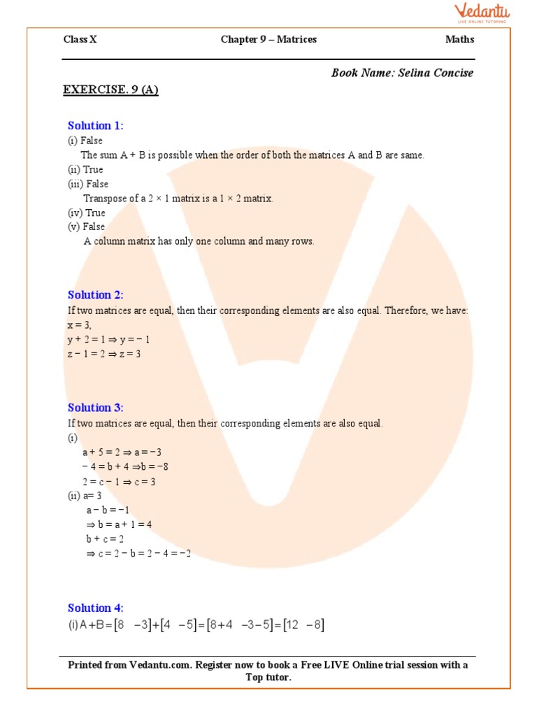 Class 10 Maths: Matrices Solutions | PDF | Matrix (Mathematics ...
