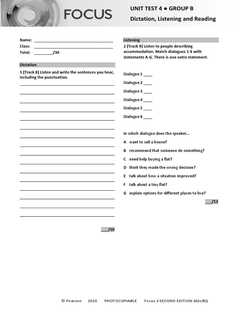 Focus 2 Unit 4 Test Group B | PDF